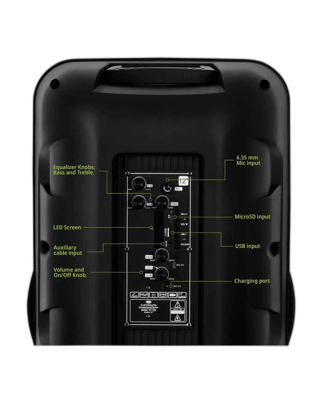 Parlante Portable Eversound Ev1005-studio12 Luzled Micrófono Negro